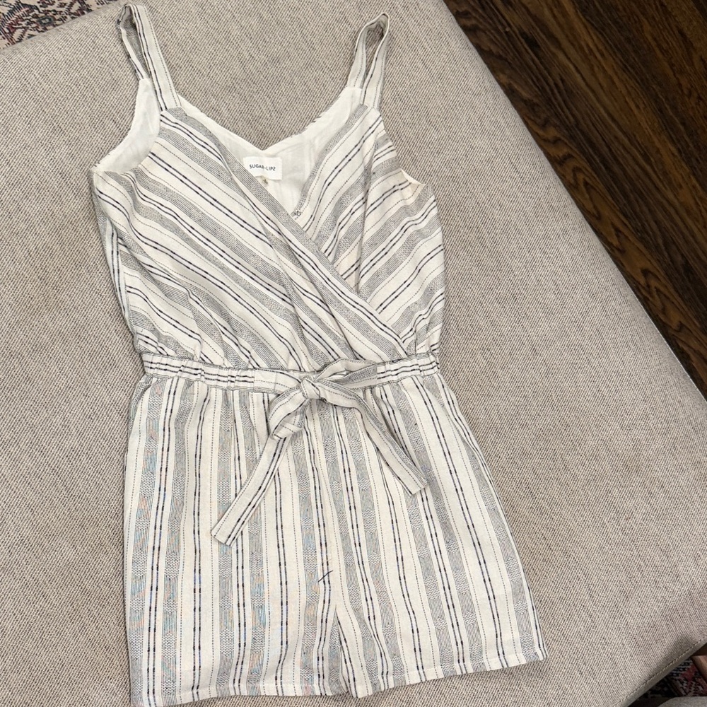 Striped Tie-Waist Sleeveless Romper in Cream and Black